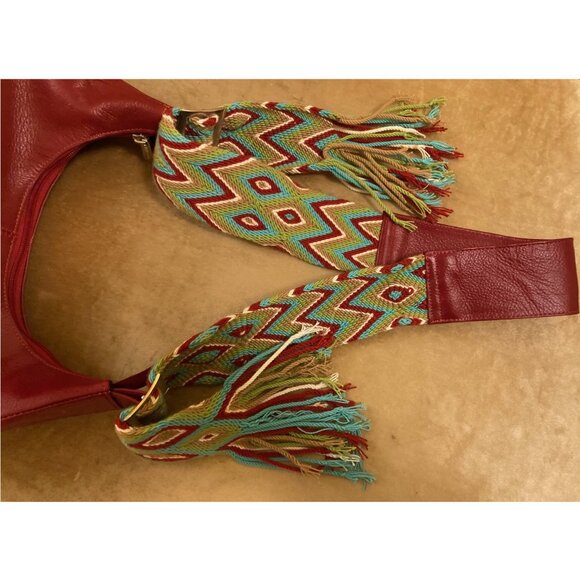 Macoly dark red leather pocketbook with wide zigzag woven strap - Picture 10 of 11